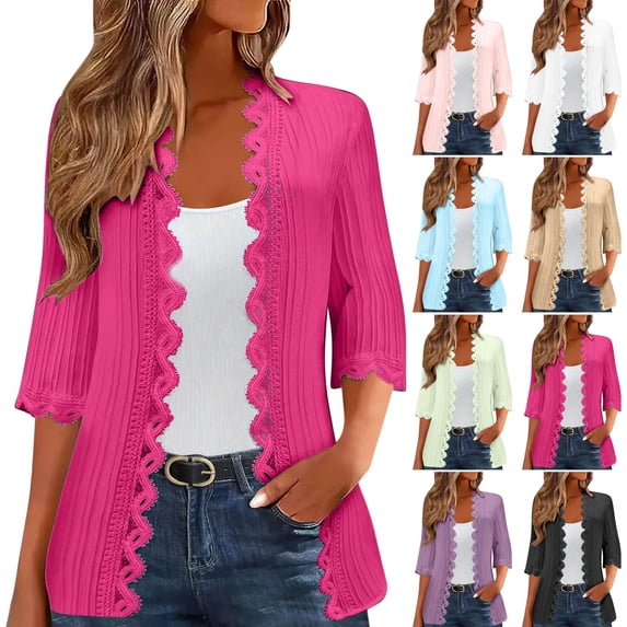 NSLGXD Womens Lightweight Kimono with Lace Trim 3/4 Sleeve Open Front Textured Cardigans Mid Length Casual Daily Summer Cover Ups S-2XL Hot Pink Cardigans