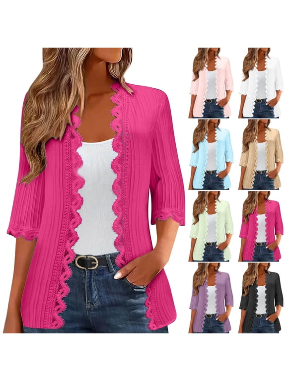 Womens Lightweight Kimono with Lace Trim 3/4 Sleeve Open Front Textured Cardigans Mid Length Casual Daily Summer Cover Ups S-2XL Hot Pink Cardigans