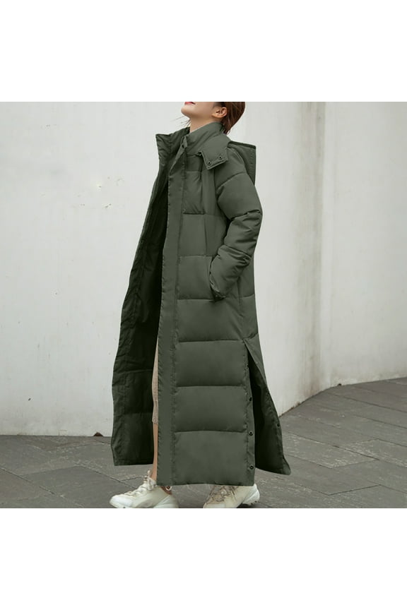 Womens Long Puffer Coat with Hood Maxi Length Full Zip Long Sleeve Quilted Padded Jackets Side Split Winter Warm Outerwear with Pockets Army Green L