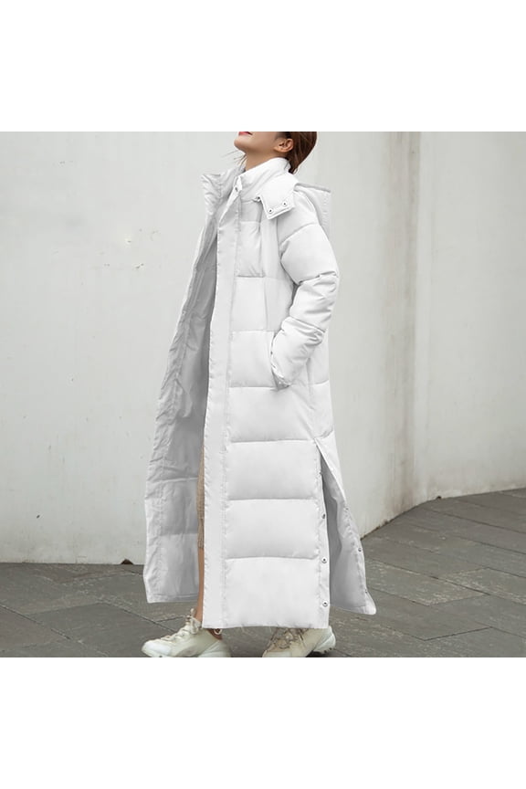Womens Long Puffer Coat with Hood Maxi Length Full Zip Long Sleeve Quilted Padded Jackets Side Split Winter Warm Outerwear with Pockets White XXL