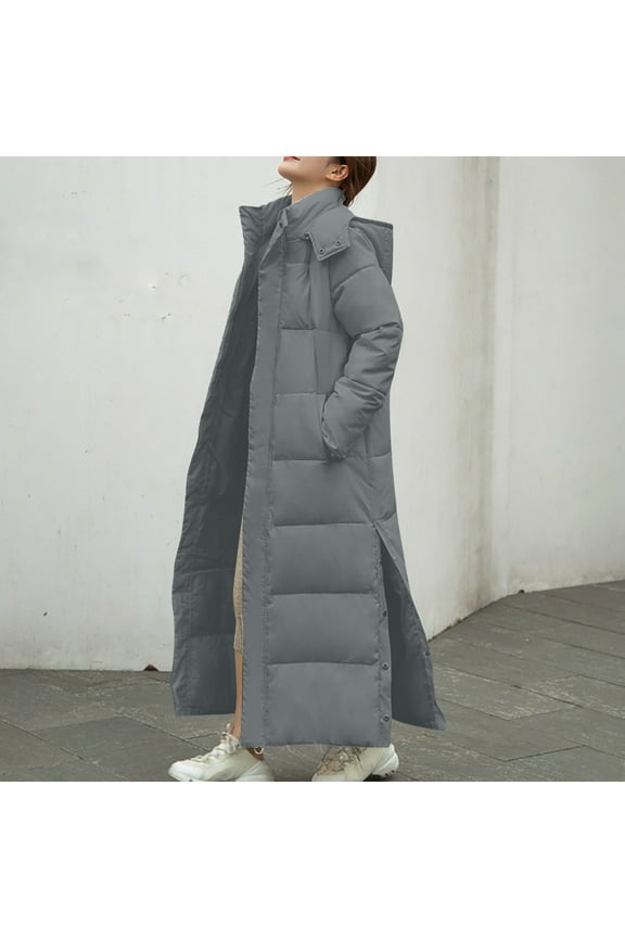 Womens Long Puffer Coat with Hood Maxi Length Full Zip Long Sleeve Quilted Padded Jackets Side Split Winter Warm Outerwear with Pockets Gray L