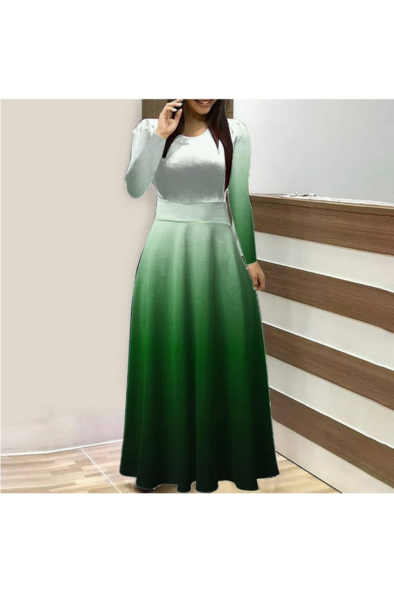 Womens Maxi Dress Gradient Print Long Sleeve A Line Long Dress Crewneck Stretch Pleated Wedding Guest Party Holiday Dress