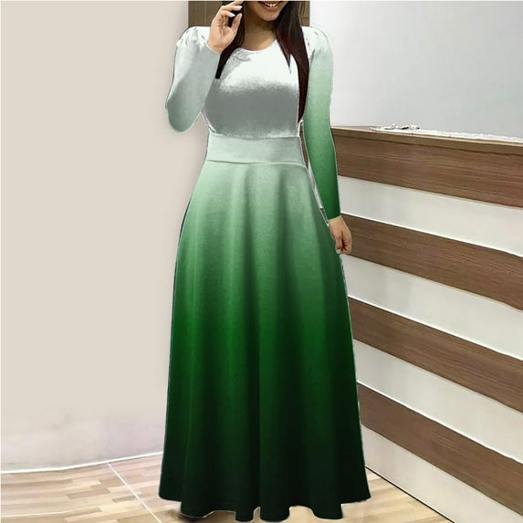 NSLGXD Womens Maxi Dress Gradient Print Long Sleeve A Line Long Dress Crewneck Stretch Pleated Wedding Guest Party Holiday Dress