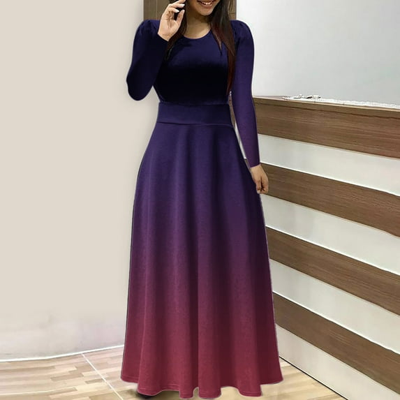NSLGXD Womens Maxi Dress Gradient Print Long Sleeve A Line Long Dress Crewneck Stretch Pleated Wedding Guest Party Holiday Dress