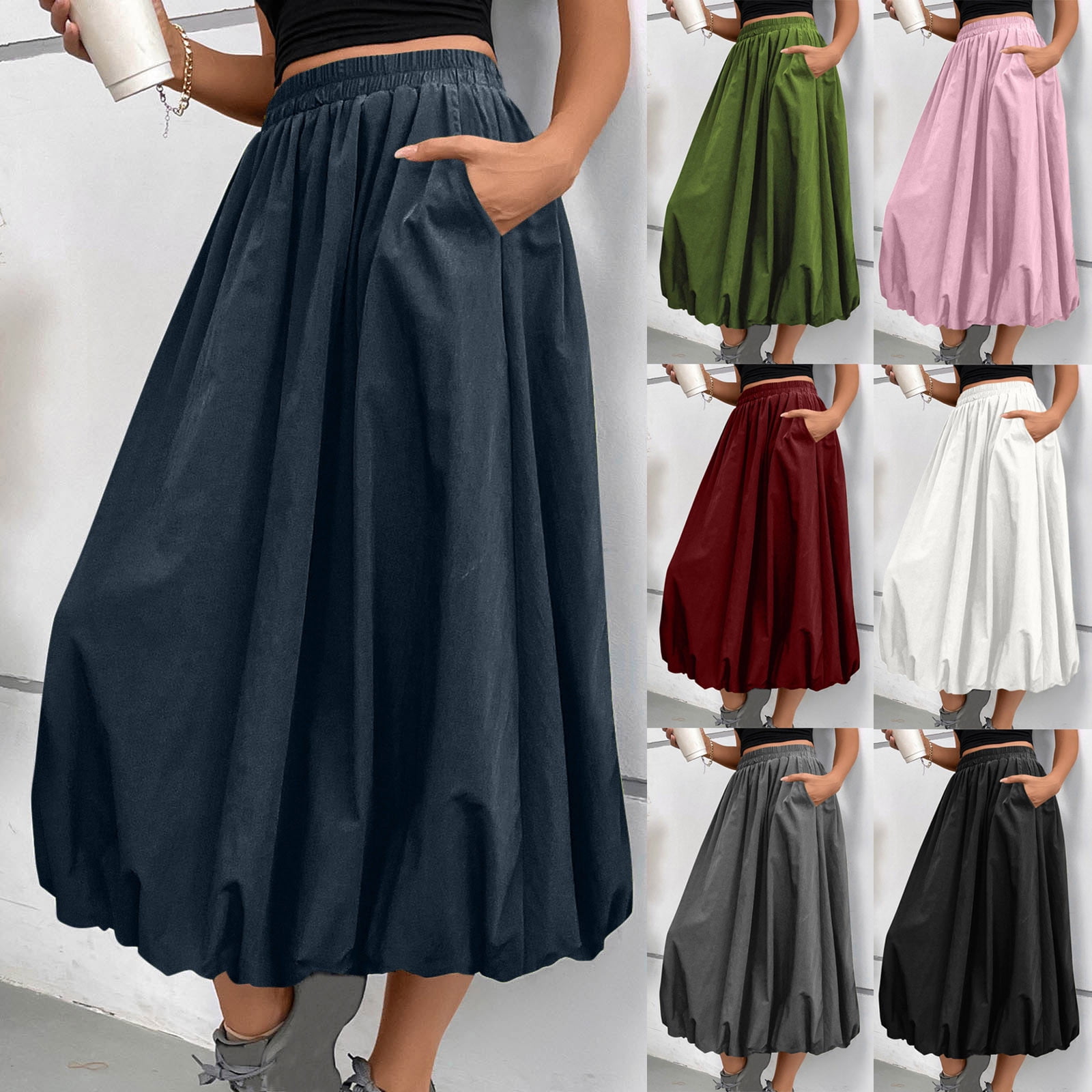 NSLGXD Womens Midi Bubble Skirts with Pockets Elastic Waist A-Line
