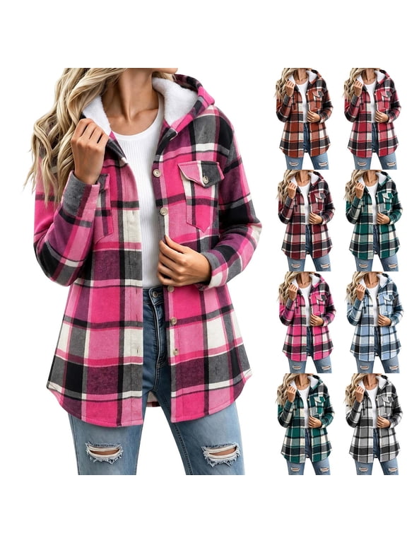 Womens Plaid Flannel Shacket Button Down Long Sleeve Sherpa Lined Hooded Tops Casual Fall Shirt Jackets with Chest Pocket S-2XL