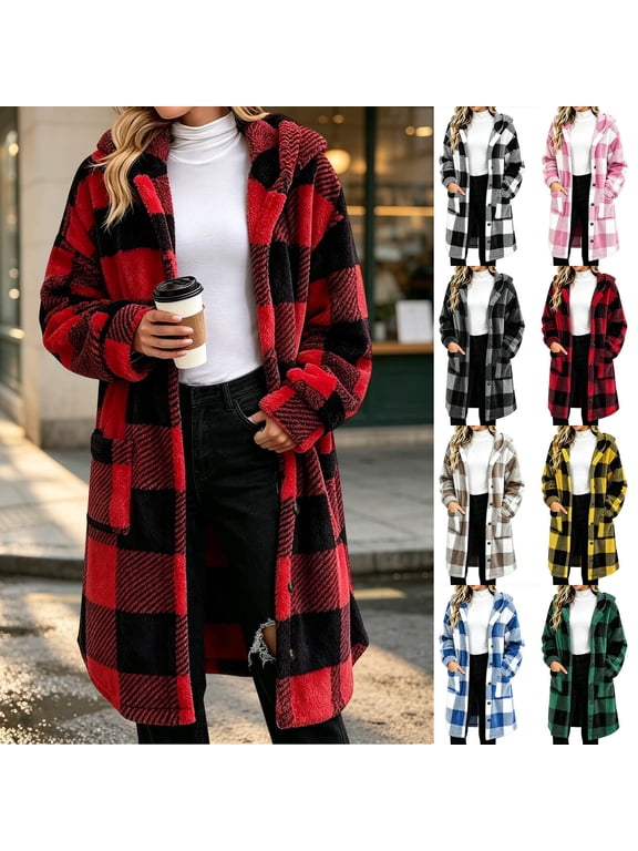 Womens Plaid Hooded Fleece Jackets Long Sleeve Button Down Buffalo Plaid Shacket Coats with Pockets Mid Length Windproof Lounge Outerwear S-2XL