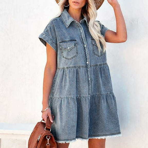NSLGXD Womens Pleated Tiered Jean Dresses with Pockets Button Down Midi Dresses Casual Short Sleeve Turndown Collar Denim Dresses Loose Fit Comfy Dress for Women