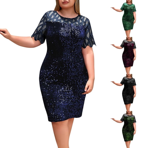 NSLGXD Womens Plus Size Dress Floral Lace Crewneck Cocktail Evening Party Dresses A-Line Wedding Guest Midi Dress Navy XL