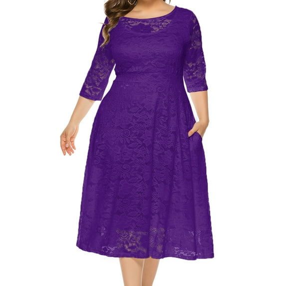 NSLGXD Womens Plus Size Dress Floral Lace Crewneck Cocktail Evening Party Dresses A-Line Wedding Guest Midi Dress