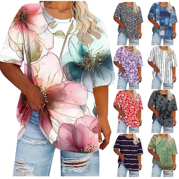 NSLGXD Womens Plus Size T Shirts Trendy Crew Neck Short Sleeve Blouses Boho Graphic Tees Flowy Vacation Tshirts XL-5XL Multicolor Tops