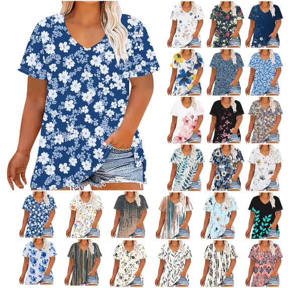 NSLGXD Womens Plus Size T-shrits Dressy Casual V Neck Short Sleeve Blouses Fashion Gradient Graphic Tees Flowy Work Tshirts XL-5XL Navy Tops