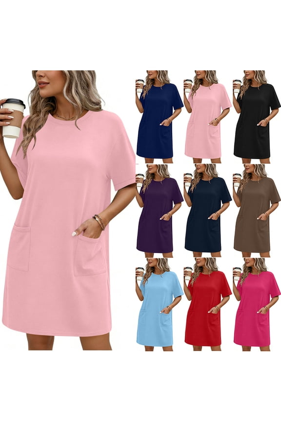 Womens Short Sleeve Tshirt Dresses with Pockets Soft Cotton Blend Casual Shift Dress Summer Solid Color Nightgowns for Everyday Wear Purple Dresses,Size S-2XL