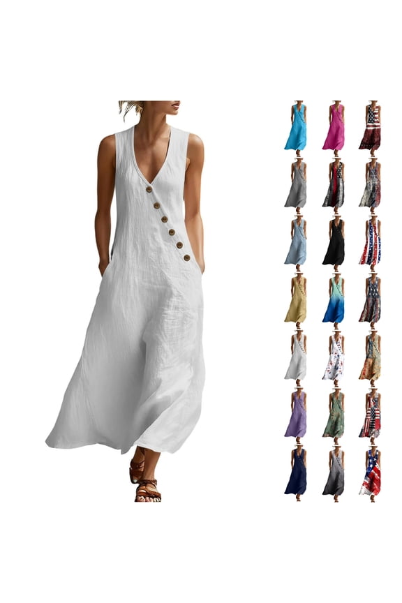 Womens Sleeveless Summer Dresses Plus Size V Neck Wrap A-Line Dress Loose Fit Maxi Sundresses Solid Color Cotton Tank Dress S-3XL