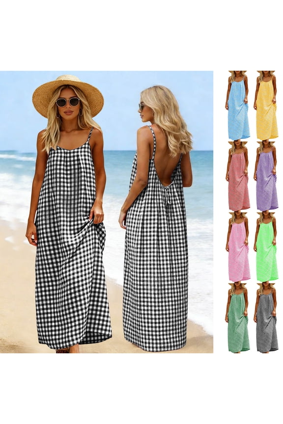 Womens Summer Dress Cotton Linen Spaghetti Straps Plaid Camisole Dresses Plus Size Checkered Backless Flowy Sundress Purple Dresses,Size S-3XL
