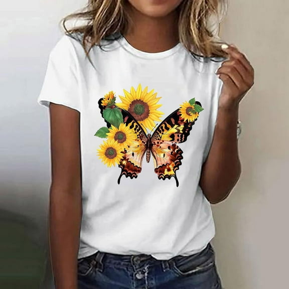 NSLGXD Womens T-Shirts Funny Graphic Tees Short Sleeve Crew Neck Flower Shirts Fashion Flower Graphic Tee Shirts Summer Casual Loose Tunic Tops S