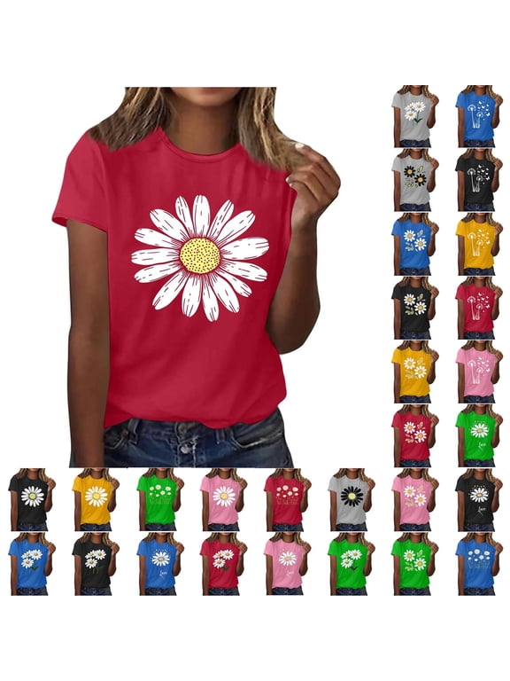 Womens T-Shirts Graphic Tees Short Sleeve Crew Neck Sunflower Shirts Vintage Flower Graphic Tees Shirts Tees Casual Shirt Tops