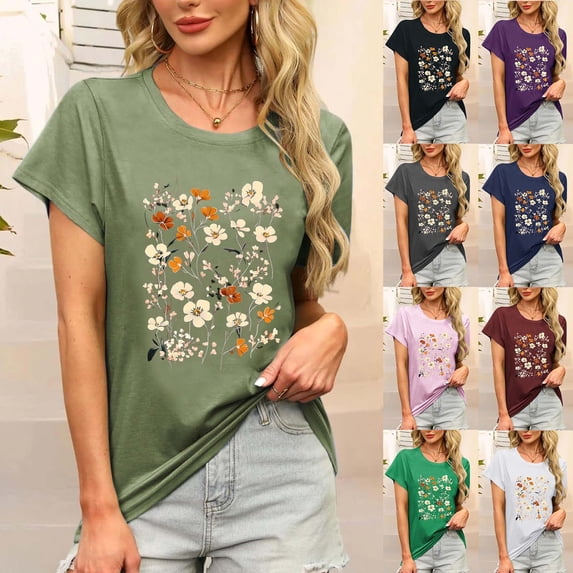 NSLGXD Womens T Shirts Summer Round Neck Short Sleeve Blouses Loose Fit Graphic Tees Classic Vacation Tshirts S-2XL Purple Top