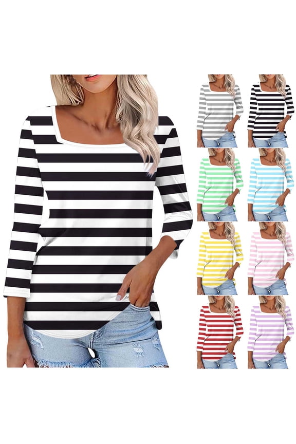 Womens T Shirts Trendy Crew Neck 3/4 Sleeve Blouses Fashion Striped Graphic Tees Rugby Shirt Comfy Going Out Tshirts Plus Size S-5XL Red Tshirt