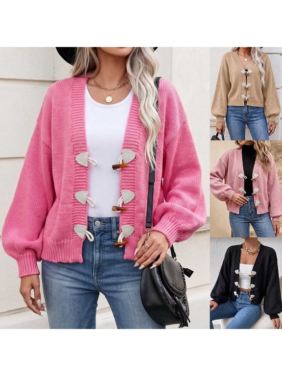 Womens Toggle Button Knit Cardigan V Neck Cropped Long Sleeve Sweater Outwear Fall Fashion Top