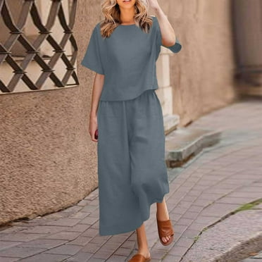 NSLGXD Womens Two Piece Sets Plus Size Cotton Linen Solid Sets 2 Piece Outfits Short Sleeve Tops Wide Leg Pants Casual Sets Outfits with Pockets