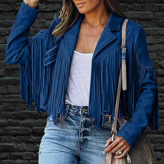 NSLGXD Womens Vintage Fringe Jacket Faux Suede Leather Jackets Tassel Long Sleeve Lapel Cropped Coats Moto Biker Cardigan Outerwear
