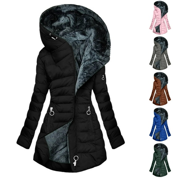 NSLGXD Womens Winter Coats Fleece Lined Long Puffer Quilted Jackets with Hood Trendy Thicken Hooded Outerwear Bubble Coat with Fleece Trim Black 4XL