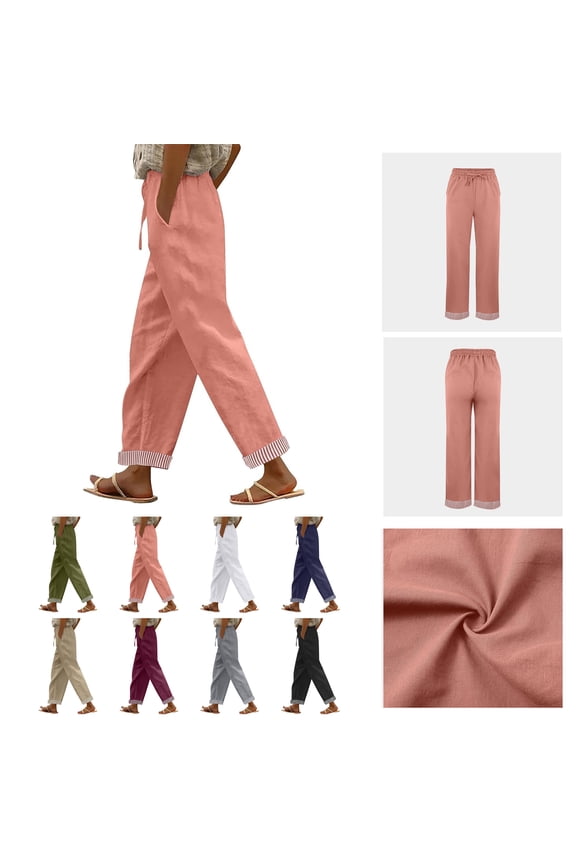 Work Pants Women Dressy Casual Loose Fit Drawstring Trousers Striped Rolled Cuff Hem Elastic High Waisted Pant Summer Cotton Casual Pants with Pockets S-2XL Navy Pant