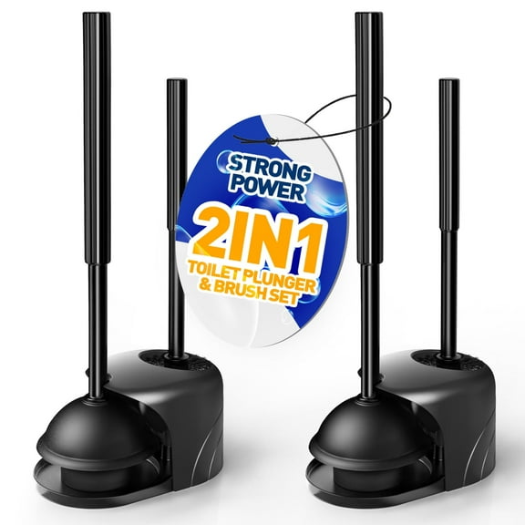 NSTB 2 in 1 Toilet Plunger and Brush Set, Extended Handle, Bathroom Cleaning Tools, Black, 2 Pack