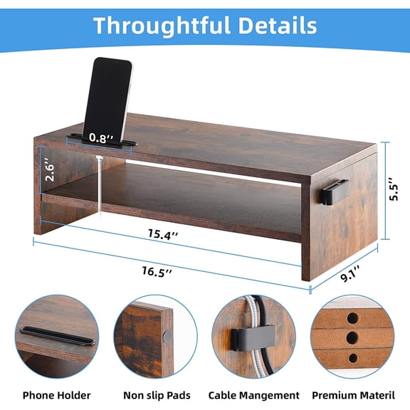 NSZDKBDT-16.5 Inch Monitor Stand, 2 Tier Computer Monitor Riser with Printer Shelf, Laptop Computer Screen Storage, Desktop Stand - Phone Holder & Cable Management (Vintage)