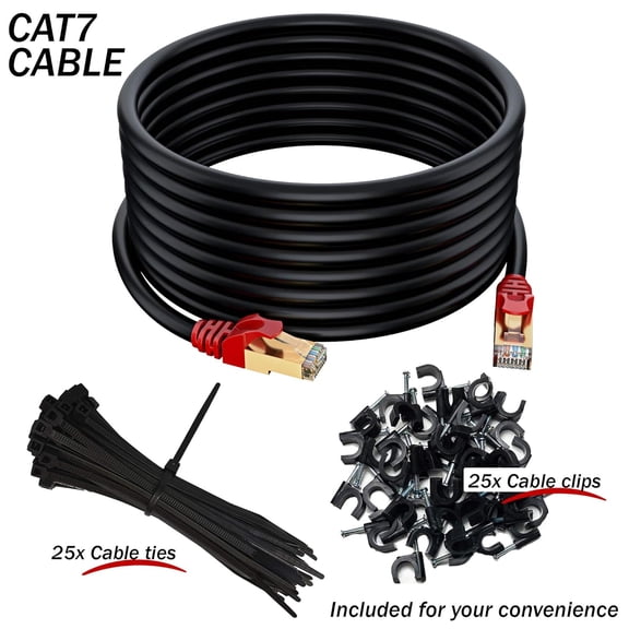 NSZDKBDT-16.5 ft / 5m CAT 7 Outdoor Waterproof Direct Burial RJ45 Ethernet Network Cable - SFTP - 600 Mhz - Black with Cable Ties & Clips