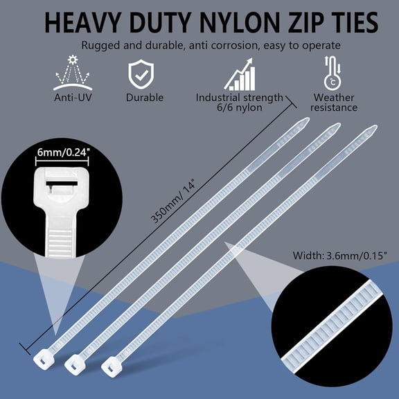 NSZDKBDT-200PCS 14 Inch White Zip Ties Heavy Duty - Industrial 50 lbs Tensile Strength Clear Cable Ties, UV & Weather Resistant tie wraps, Self-Locking for Cable Management, Outdoor Use, and Home Org