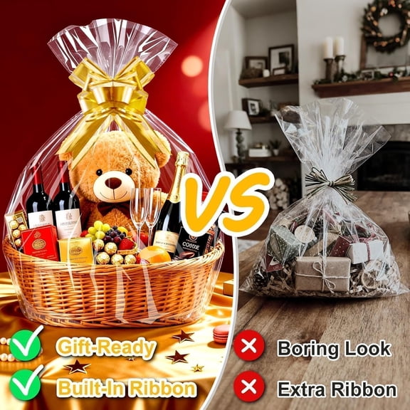 NSZDKBDT-30x40 Inch Large Cellophane Bags for Gift Baskets with Gold Ribbon Bows, 10 Pack Clear Plastic Basket Wrap with Decorative Ties for Gift Giving