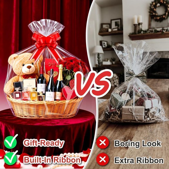 NSZDKBDT-30x40 Inch Large Cellophane Bags for Gift Baskets with Red Ribbon Bows, 10 Pack Clear Plastic Basket Wrap with Decorative Ties for Birthday, Mother's Day, Wedding Present