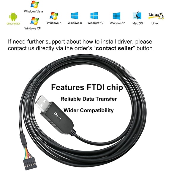 NSZDKBDT-3ft USB to TTL Serial Cable 5V 6 Pin Genuine FTDI FT232RL Chip UART Adapter Debug Cord Compatible with Windows 11 10 8 7 Linux MAC OS 6Pin 5 V Level Signal 2.54mm Dupont Female Header