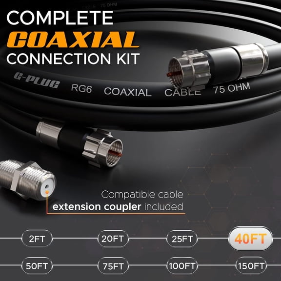 NSZDKBDT-40FT RG6 Coaxial Cable Connectors Set - High-Speed Internet, Broadband and Digital TV Aerial, Satellite Sky Cable Extension- Weather-Sealed Double Rubber O-Ring and Compression Connectors Bl