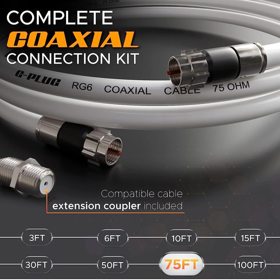 NSZDKBDT-75FT RG6 Coaxial Cable Connectors Set - High-Speed Internet, Broadband and Digital TV Aerial, Satellite Sky Cable Extension- Weather-Sealed Double Rubber O-Ring and Compression Connectors Wh