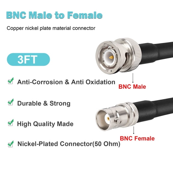 NSZDKBDT-BNC Male to BNC Female Coaxial Cable 50 ohm RG8X Coax Ultra Low Loss for Antenna, RF Radio, Modem, Oscilloscope, Spectrum, Analyzer, Signal Generator (3FT)