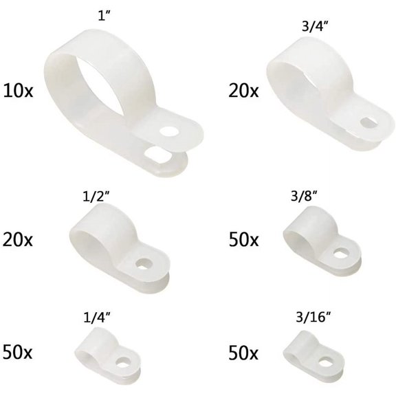 NSZDKBDT-Cable Clamp 200 Pcs Black Nylon Screws Plastic R-Type Cable Clamp Clips Fasteners Assortment for Cable Conduit 6 Sizes 3/16" to 1" - White