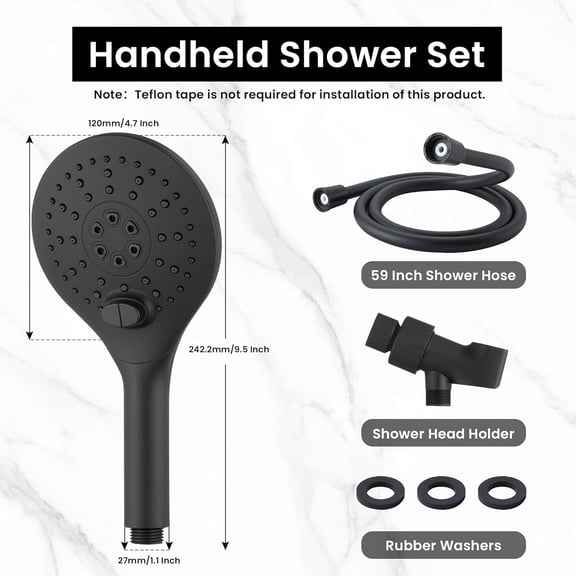 NSZDKBDT-Handheld Shower Head with 59" PVC Hose Matte Black Detachable Shower Head Adjustable Bracket High Pressure Handheld Shower Head RV Shower Head