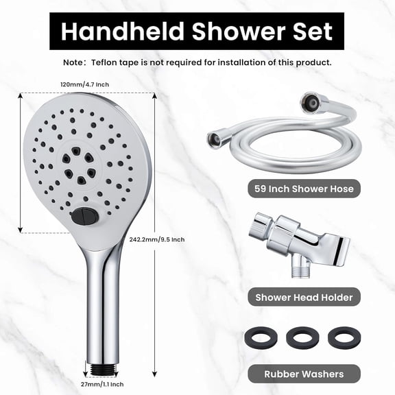 NSZDKBDT-Handheld Shower Head with 59" Hose Chrome Detachable Shower Head Adjustable Bracket High Pressure Handheld Shower Head RV Shower Head