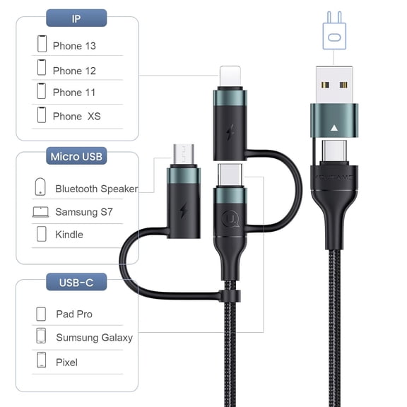 NSZDKBDT-PD 60W USB C Multi Fast Charging Cable Nylon Braided Cord 5-in-1 3A USB/C to Type C/Micro/Phone Fast Sync Charger Adapter Compatible with Laptop/Tablet/Phone