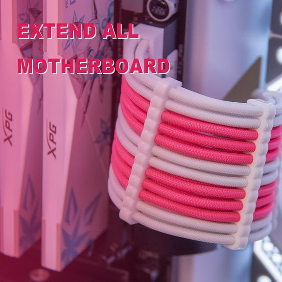 NSZDKBDT-PSU Extension Cable Kit - Custom Sleeved Power Supply Mod for Girl's PC Build 16AWG 1x24Pin ATX/2x8 (4+4) Pin EPS CPU/2x8 (6+2) Pin PCI-E GPU 5PCS Pink&White