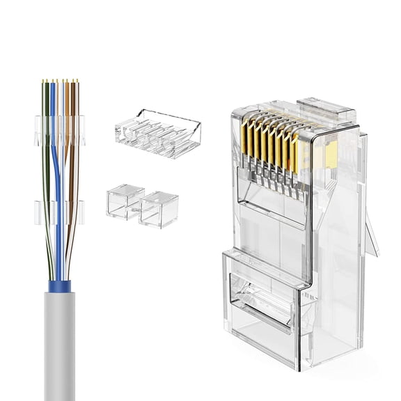 NSZDKBDT-RJ45 Connectors, Cat 6A RJ45 Modular Plug (Three-Piece Suit), UTP Network Connector for Solid Wire and Standard Cable, Transparent, 100 Pack