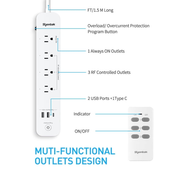 NSZDKBDT-Remote Control Power Strip with 3 USB Surge Protector Power Strip with 3 RF Controlled Outlets, 5ft Extension Cord, 15A/1875W Remote Control Outlet for Household and Workstation Appliances