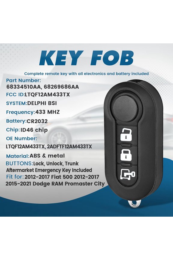 -Replacement Smart Remote Car Key Fob for Fiat 500 2012-2017 Dodge Ram Promaster City 2015-2021 LTQF12AM433TX 433MHz ID46 Chip 3 Buttons Delphi BSI