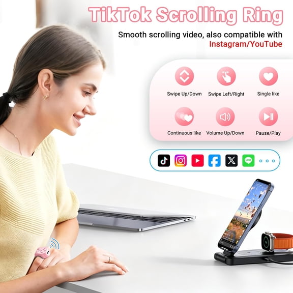 NSZDKBDT-TikTok Scrolling Ring Remote Control,Page Turner for iPad iPhone & Android Tablet,Bluetooth Camera Remote, Scrolling Ring for TikTok,YouTube,Instagram,iOS,Android (Pink)