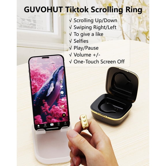 NSZDKBDT-TikTok Scrolling Ring for iPhone, Bluetooth Page Turner for iPad/Kindle App/iPhone/Android, Remote Control for TikTok (Gold)