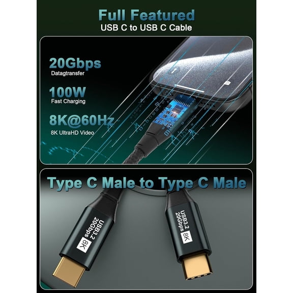 NSZDKBDT-USB C to USB C Monitor Cable 12FT - 8K@60Hz 4K@120Hz DisplayPort Alt Mode - 100W PD Fast Charging - 20Gbps USB 3.2 Gen 2x2 Data Transfer - Single Cable for Video, Power & Data