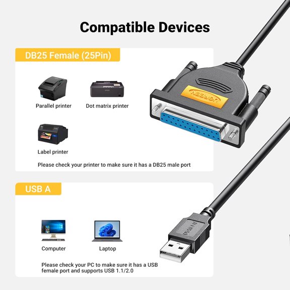 NSZDKBDT-USB Male to DB25 Female Parallel (25 Pin) Printer Cable Adapter, 6FT Connector DB25 IEEE 1284 Converter for Old Printer Support Windows 11/10/8/7/macOS10.4 (Tiger) to 13 (Ventura)/Linux